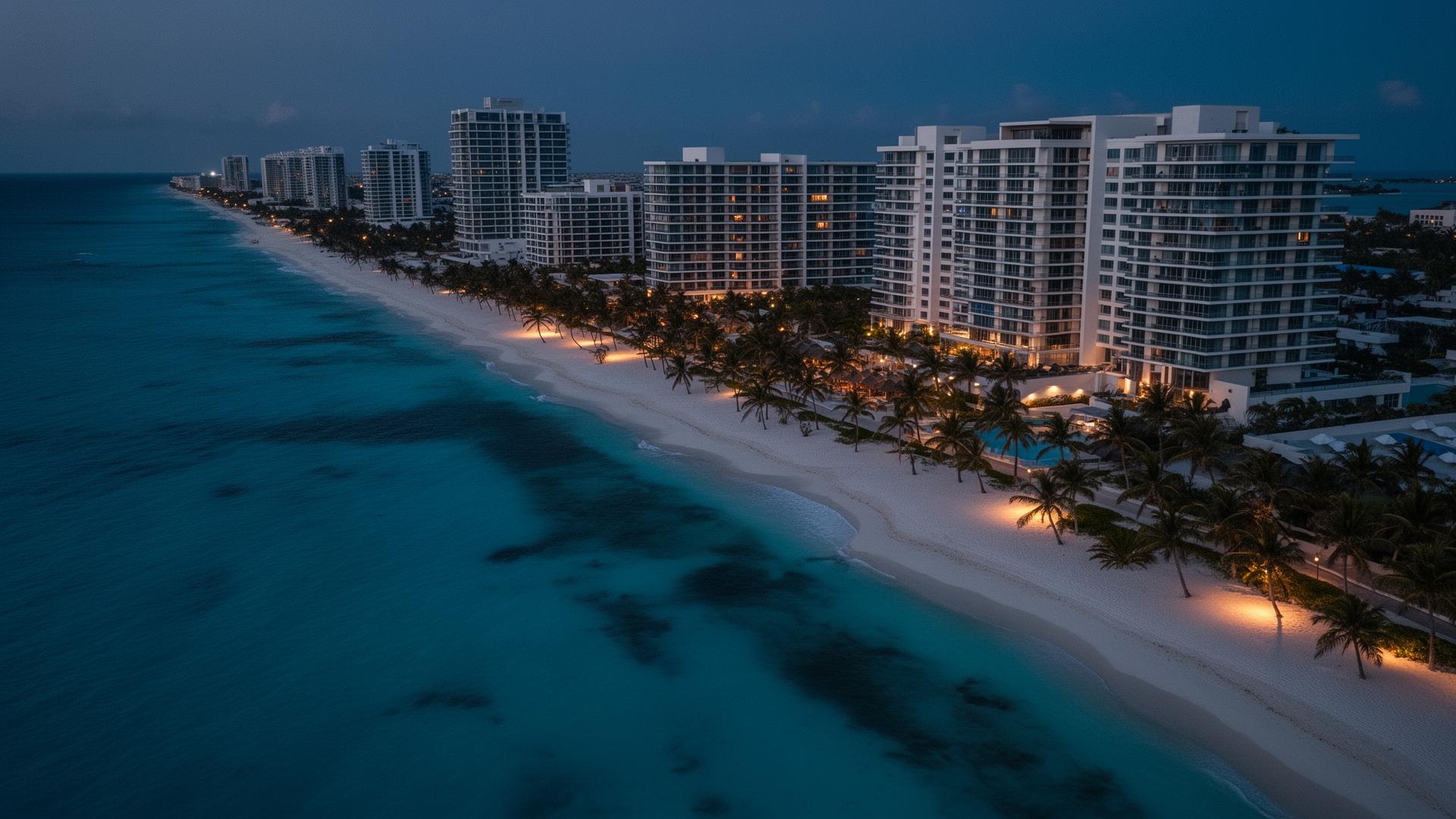 Vista aérea de Cancún al atardecer
